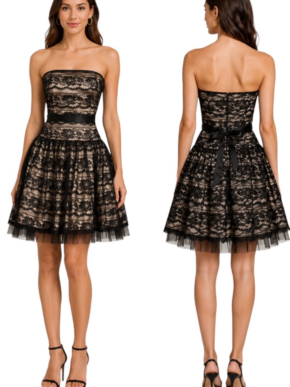 Jessica McClintock Gunne Sax VTG Black Lace Tulle Tie Back Strapless Dress 5 / 6
